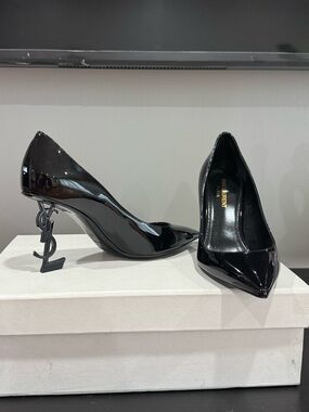 Saint Laurent Black Patent Opyum Logo Heel Pumps